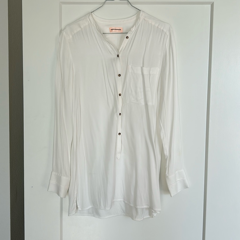 White silky button down shirt - longer style - size small
